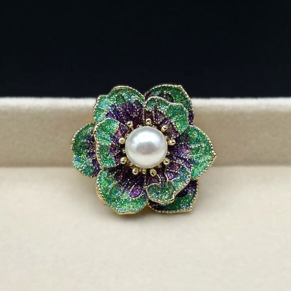 Yellow Gold Glittery Pearl with Purple and Green Enamel Flower Pin Back Brooch - Picture 3 of 7
